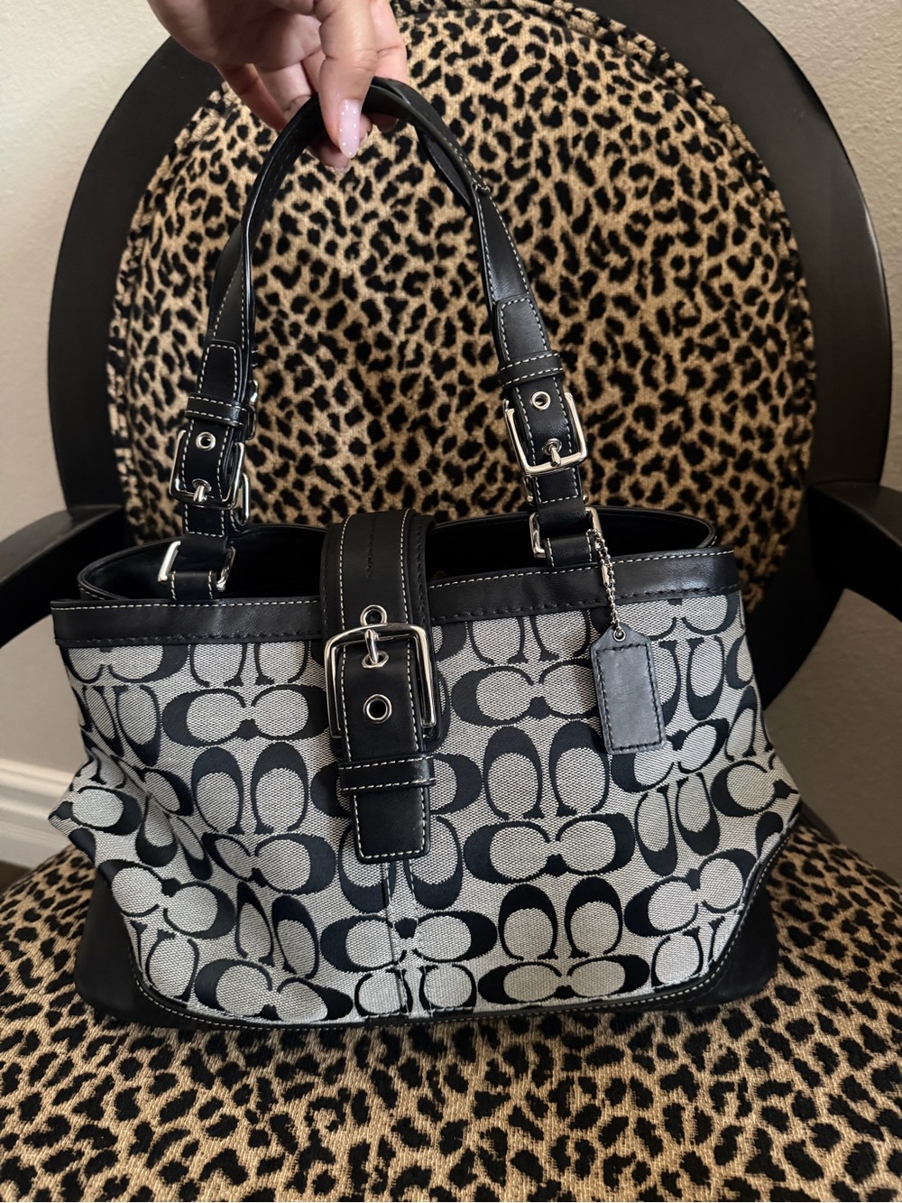 Y2K Coach Signature Hampton Canvas Tote with Black Leather Trim